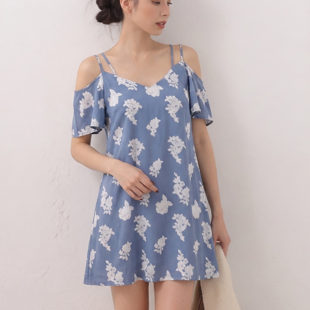 Lulu's Blue Chambray Girly Summer Floral Cold Shoulder Mini Dress NWT Medium